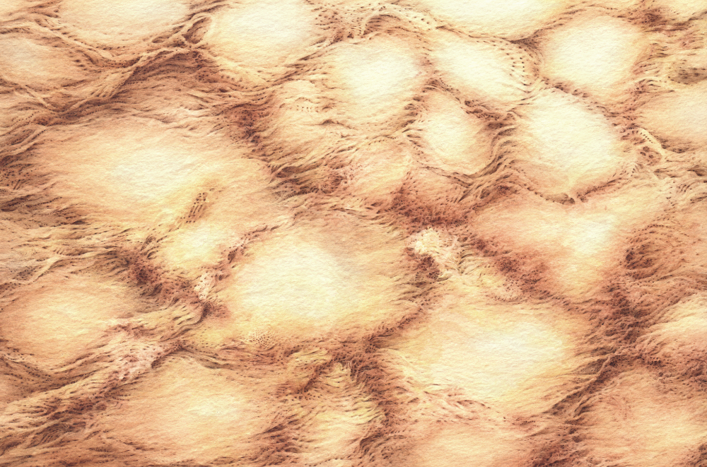 a detailed orange watercolour painting about biological cells seen as a landscape
