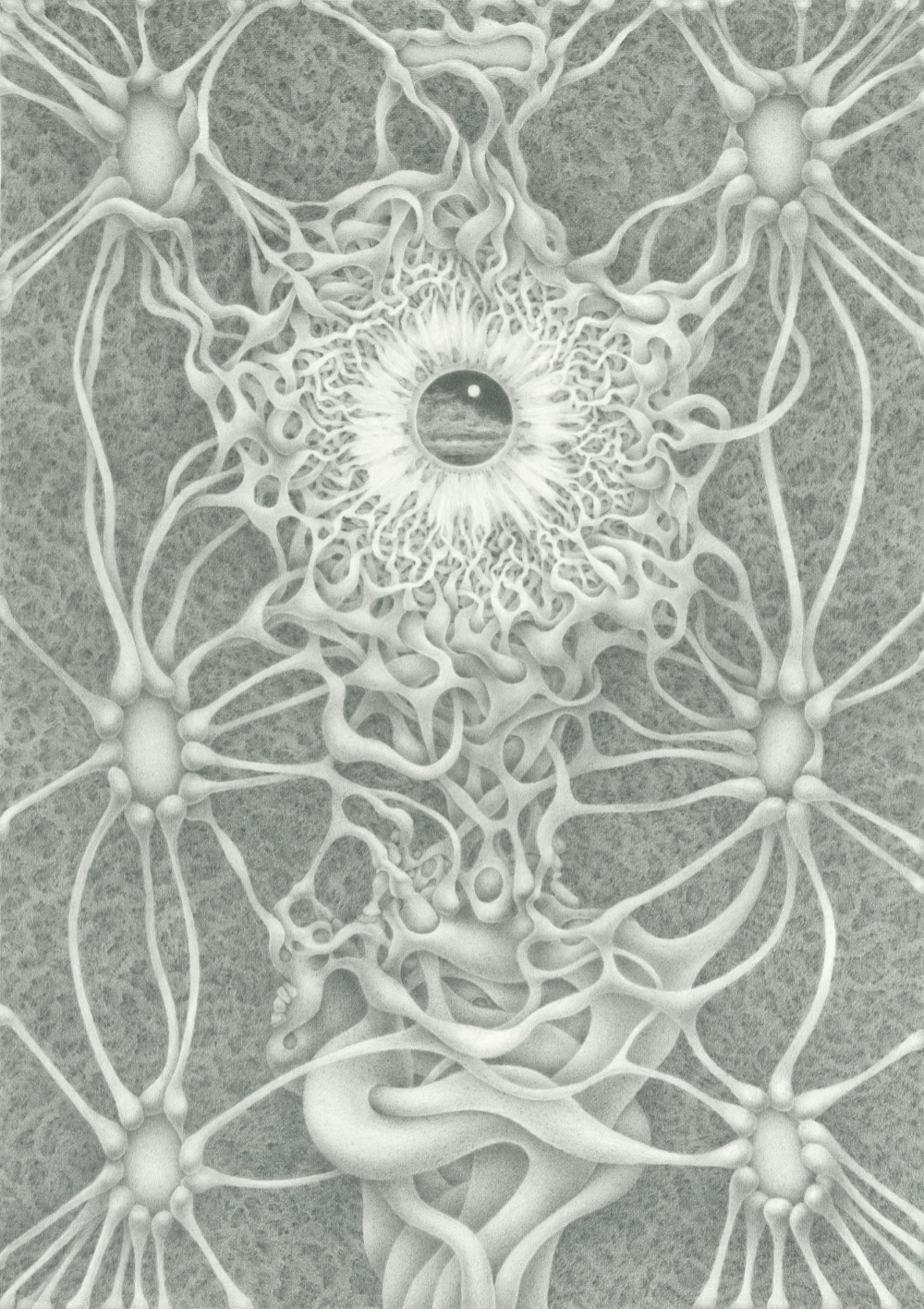 a pencil drawing that looks like an eye embedded in a complex matrix imagning cognitive processes involved in vision