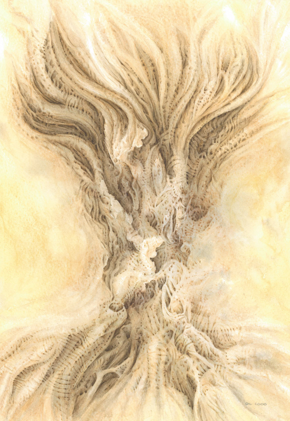 a detailed yellow and brown watercolour painting imagining the anatomy of a tree